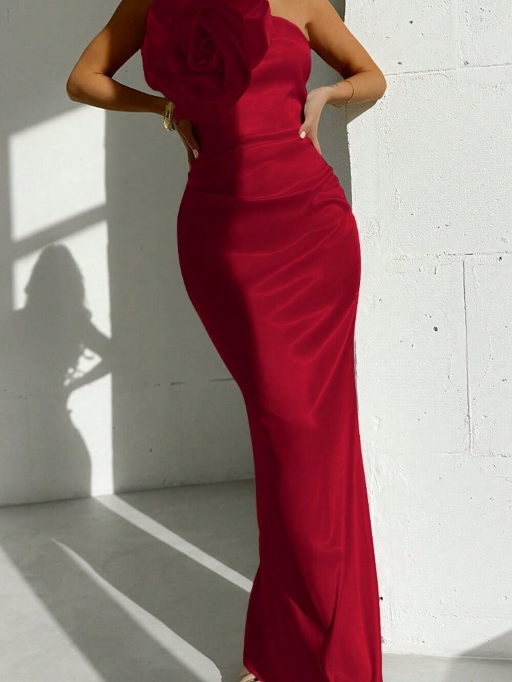 Burgundy Elegant Women's 3D Floral Satin Maxi Dress - Picture 6 of 7
